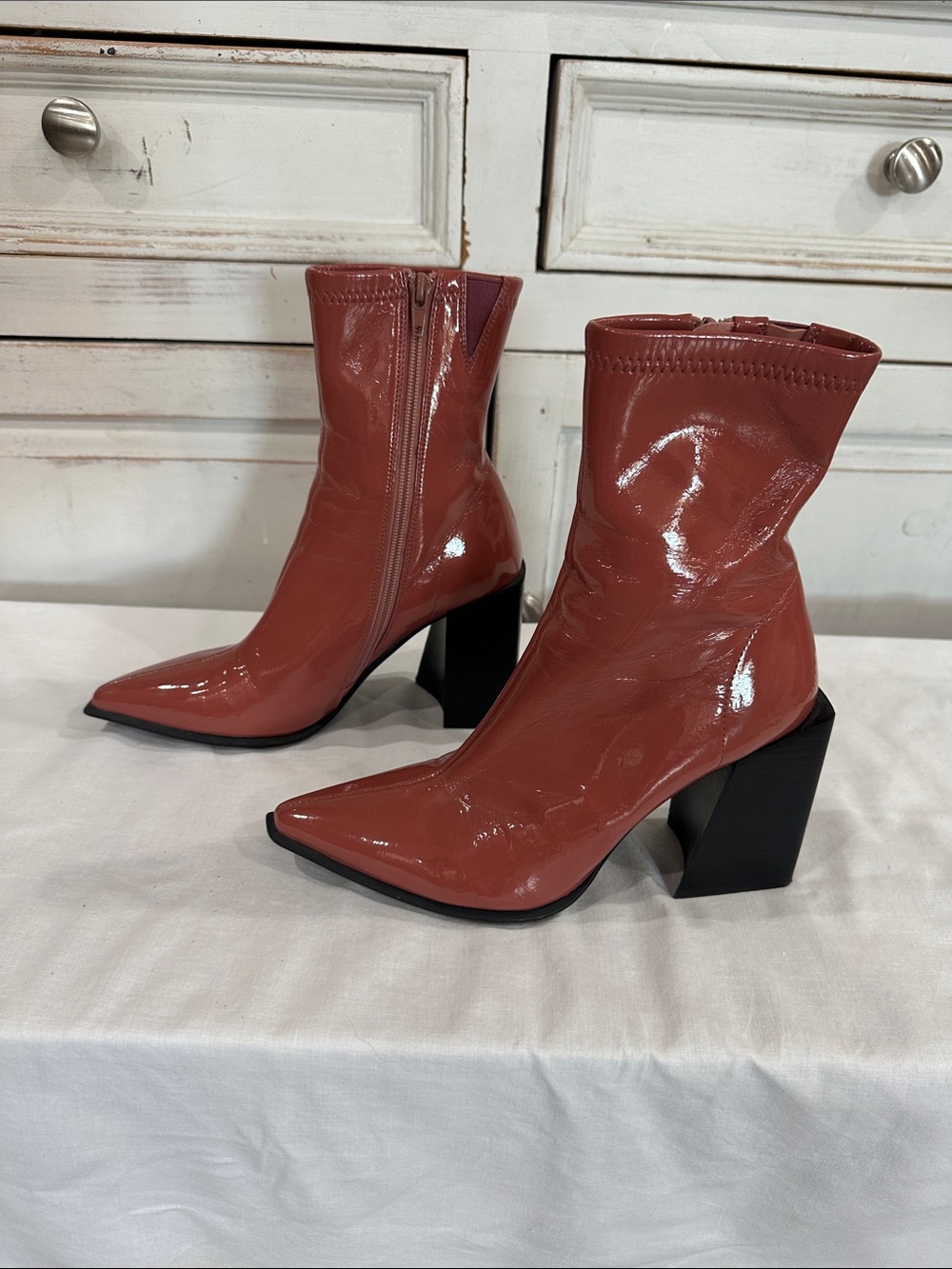 Jeffrey Campbell Patent Pointed Sock Boots in Rust Red.